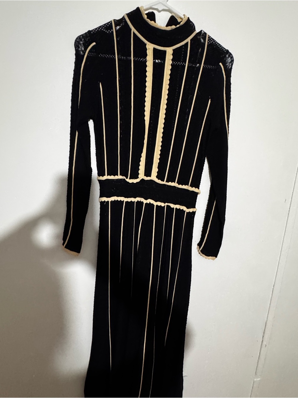 Black Long Sleeve Ribbed Dress with Cream Trim